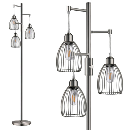 Dimmable Industrial Floor Lamps for Living Room, Gold Tree Standing Tall Lamps with 3 Elegant Teardrop Cage Head & 800 Lumens LED Bulbs for Bedroom Office