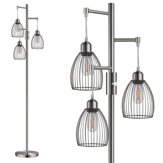 Dimmable Industrial Floor Lamps for Living Room, Gold Tree Standing Tall Lamps with 3 Elegant Teardrop Cage Head & 800 Lumens LED Bulbs for Bedroom Office