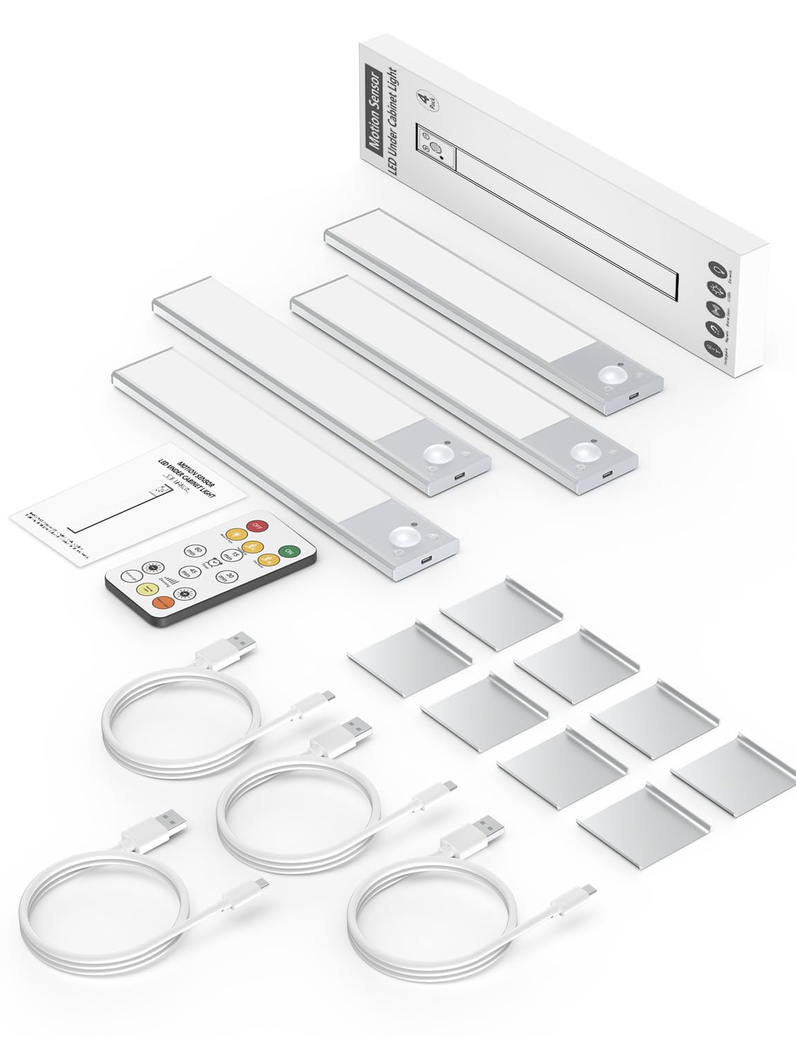 12" Thin Motion-Activated Under Cabinet Lighting, Aluminum Alloy Under Counter Lights for Kitchen, 3-Color-Temps Magnetic Closet Lights, Rechargeable Motion Sensor Light Indoor (4Pack, Silver)