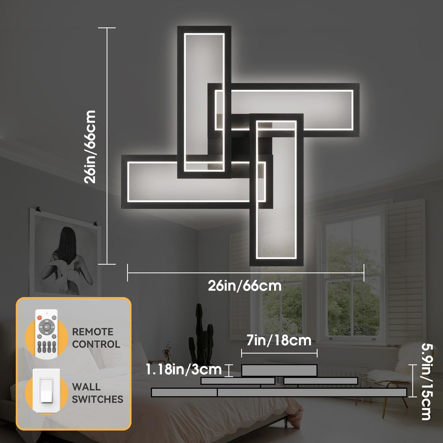 Modern LED Ceiling Light, kitchen light fixtures, Square LED Flush Mount Ceiling Light, APP and Remote Control Dimming with Memory 3000K-6500K for Dining Room, Living Room, Bedroom, Office (White)
