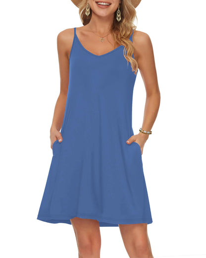 MISFAY Women's Summer Spaghetti Strap Casual Swing Tank Beach Cover Up Dress with Pockets