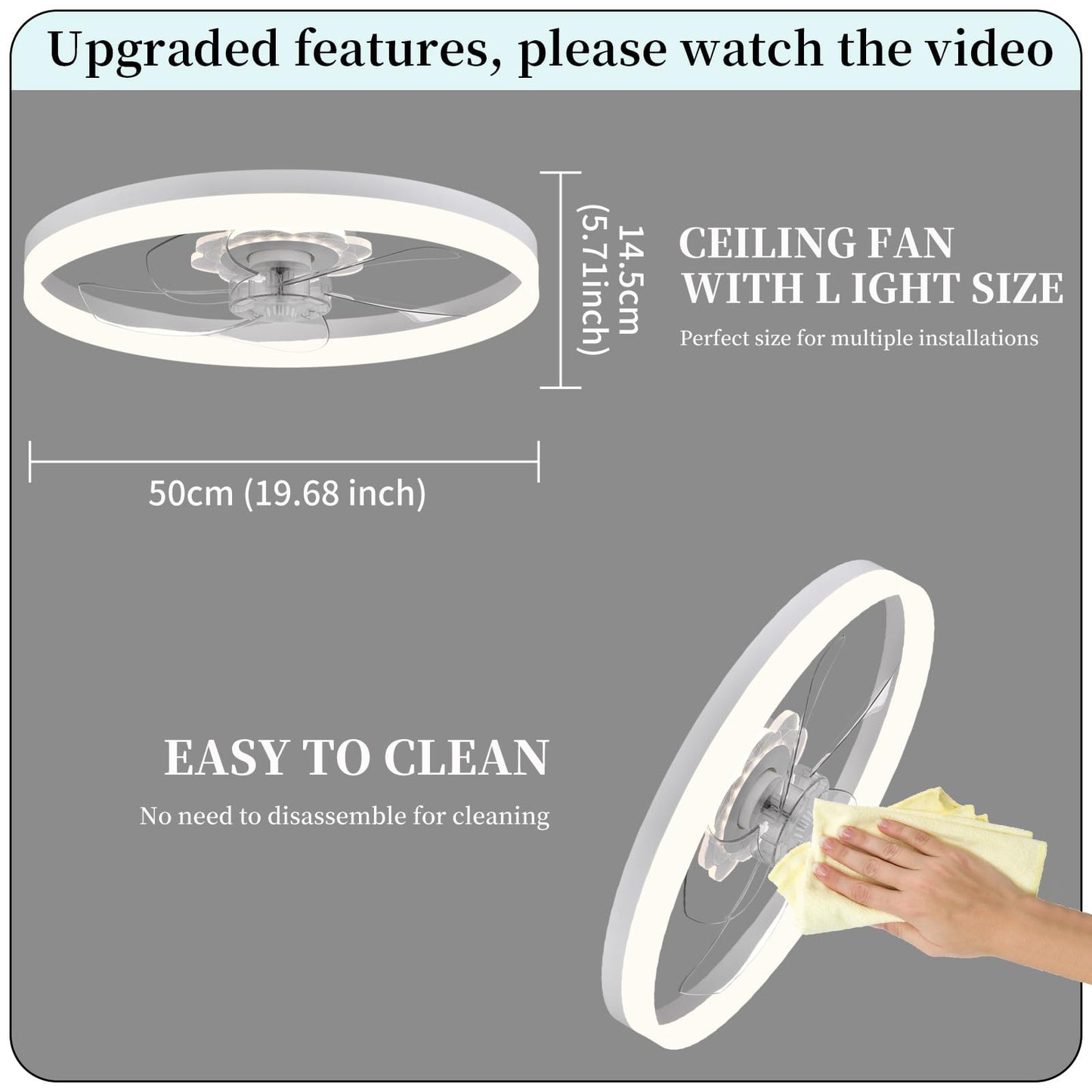 20‘’ Ceiling Fan with Light, Upgraded Low Profile Fan, Flush Mount Ceiling Fan, 6 Speeds, Dimmable LED, App & Remote Control, Quiet DC Motor, for Bedroom, Living Room, F115 White