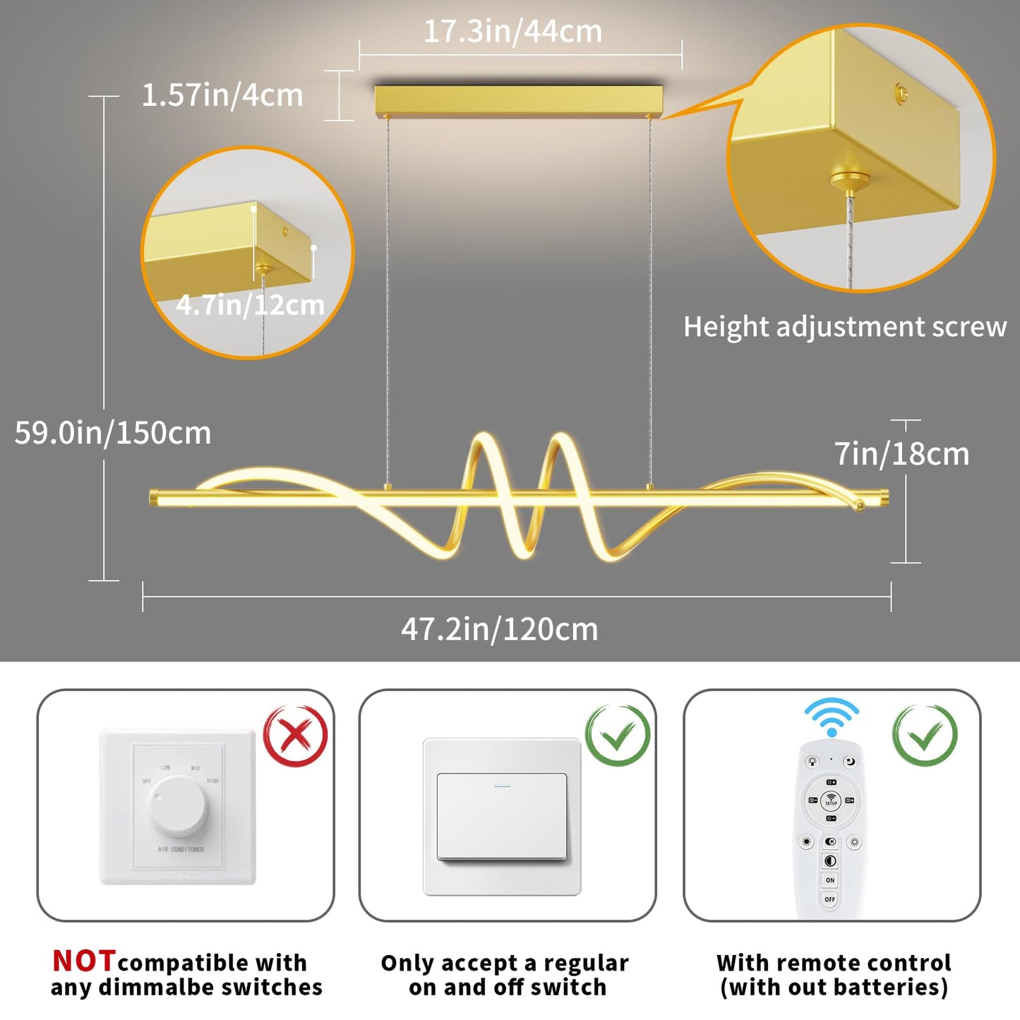 Modern LED Pendant Lights, 39in Chandelier Dimmable with Remote Control 3000k-6000K Adjustable Color Temperature, Aluminum Island Lighting Lamp Fixture for Kitchen, Dining Room, Billiard Room