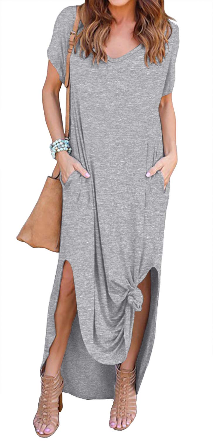 GRECERELLE Women's Casual Loose Pocket Long Dress Short Sleeve Split Maxi Dresses