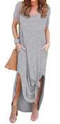 GRECERELLE Women's Casual Loose Pocket Long Dress Short Sleeve Split Maxi Dresses