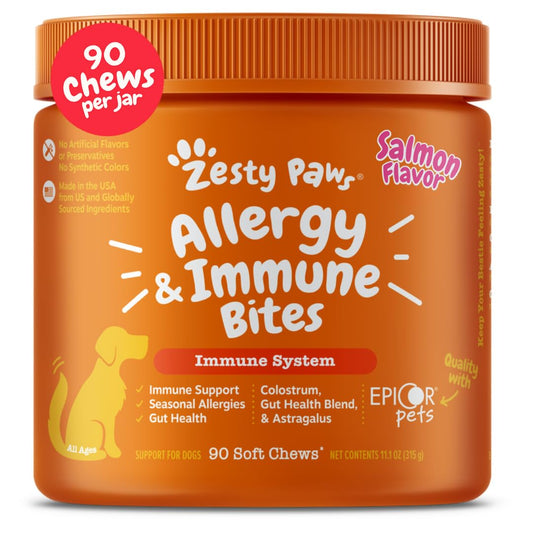 Suplemento inmune a las alergias para perros - Con Omega 3 Aceite de salmón salvaje de Alaska y EpiCor + Prebióticos y probióticos digestivos - Alergias estacionales + Anti picor y puntos calientes Apoyo a la piel - 90 masticables Golosinas
