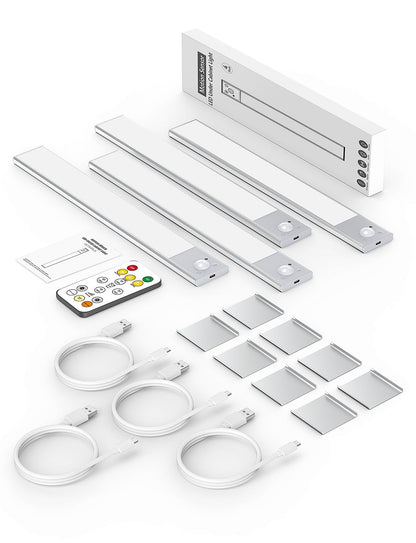 12" Thin Motion-Activated Under Cabinet Lighting, Aluminum Alloy Under Counter Lights for Kitchen, 3-Color-Temps Magnetic Closet Lights, Rechargeable Motion Sensor Light Indoor (4Pack, Silver)