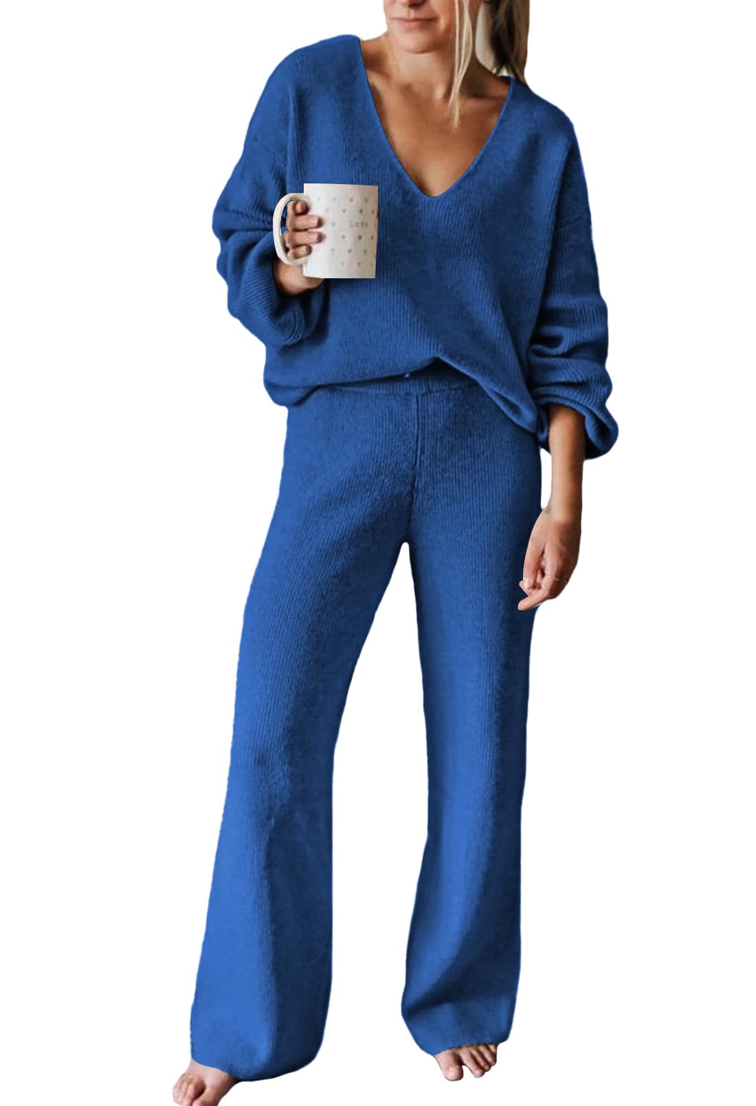Viottiset Women's 2 Piece Outfits Casual V Neck Knit Wide Leg Sweater Lounge Set Sweatsuit