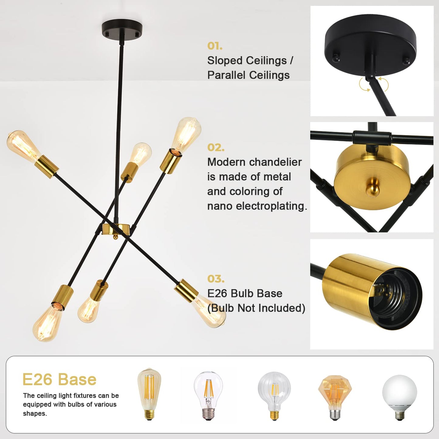 Black Sputnik Chandelier 6 Lights Modern Industrial Ceiling Light Mid Century Vintage Contemporary Pendant Dining Room Lighting Fixtures Hanging