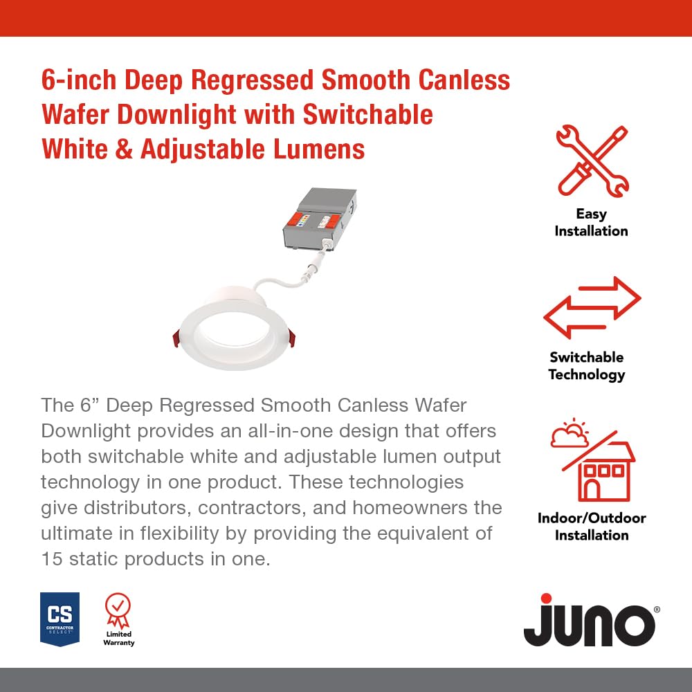 Juno WF6 Dreg SM ALO20 SWW5 90CRI CP6 MW M2 Canless Wafer Recessed LED Downlight, Deep Regressed Smooth Trim Style, 6-Inch, Matte White, 6-Pack