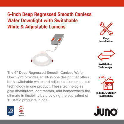 Juno WF6 Dreg SM ALO20 SWW5 90CRI CP6 MW M2 Canless Wafer Recessed LED Downlight, Deep Regressed Smooth Trim Style, 6-Inch, Matte White, 6-Pack