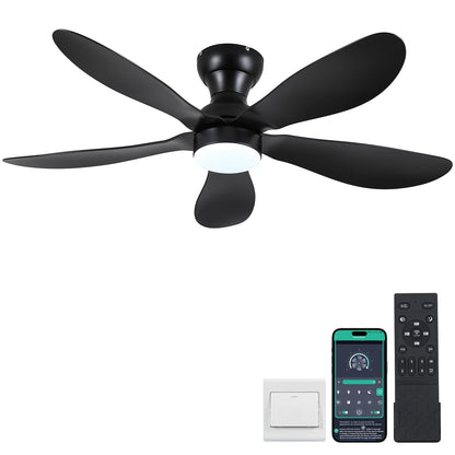 Ceiling Fans with Lights and Remote/APP Control, 30 inch Low Profile Ceiling Fans with 5 Reversible Blades 3 Colors Dimmable 6 Speeds Ceiling Fan for Bedroom Kids Room Dining Room, Black