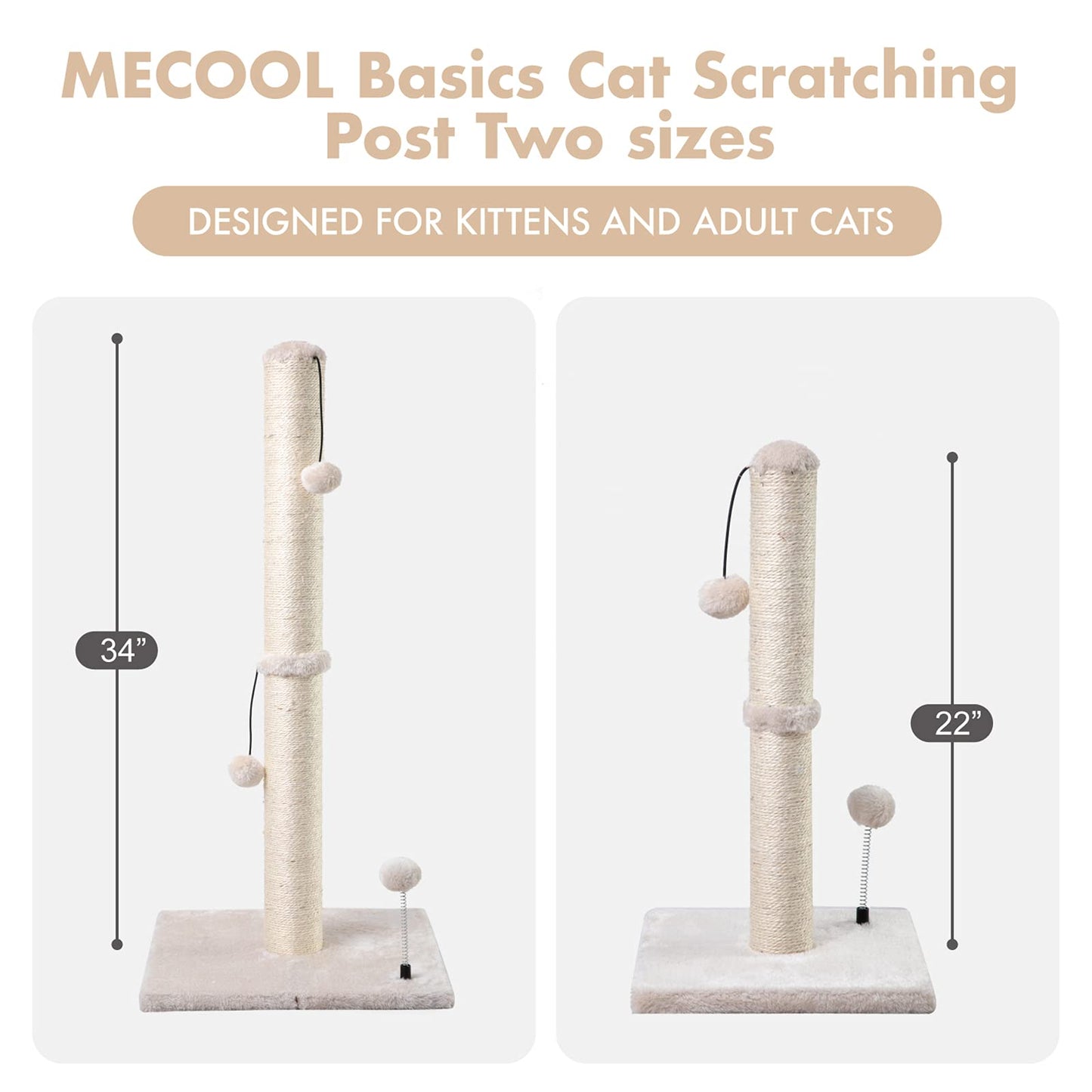 Cat Scratching Post Premium Basics Kitten Scratcher Sisal Scratch Posts with Hanging Ball 22in for Kittens or Smaller Cats (22 inches for Kitten, Beige)