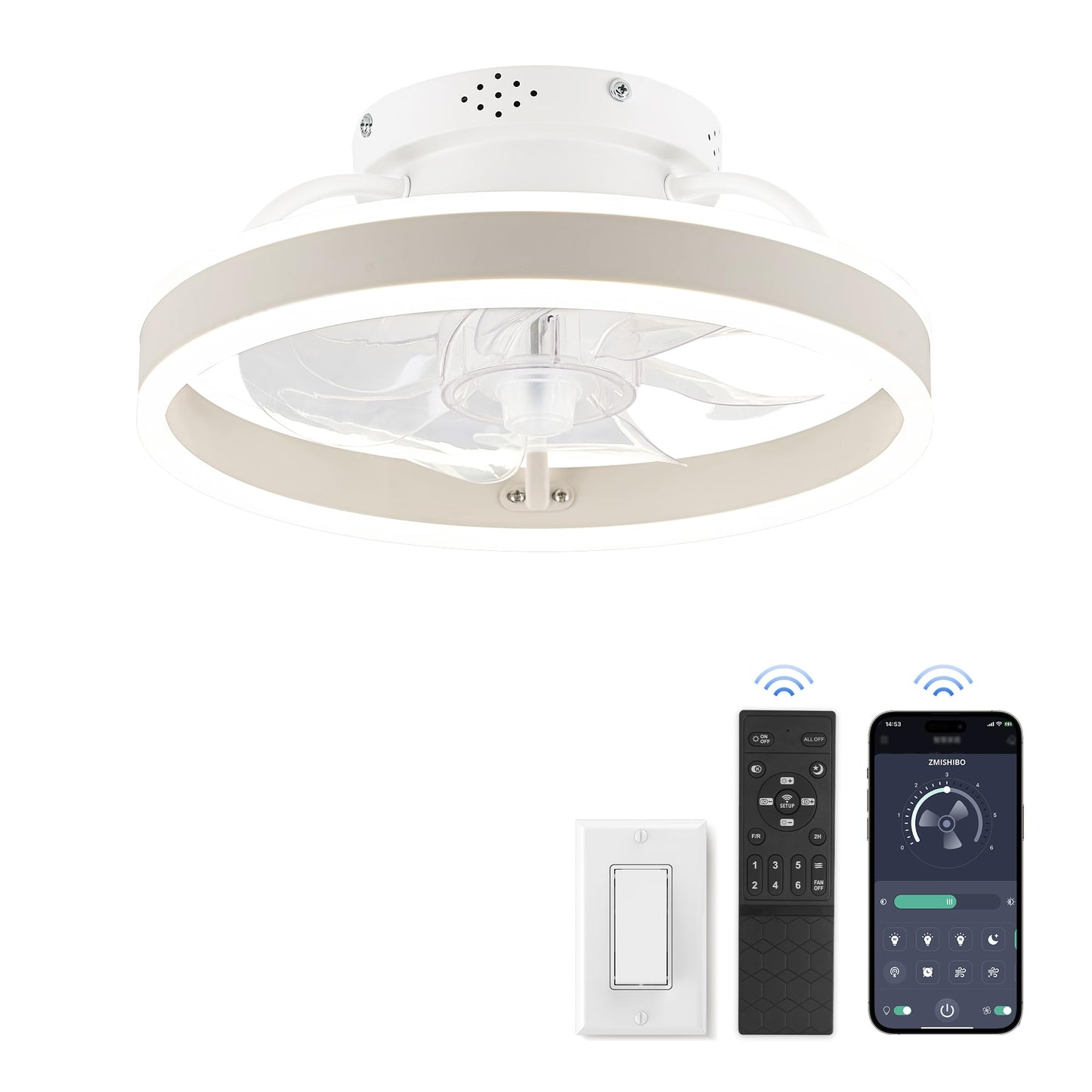 Ceiling Fans with Lights and Remote, 19.7'' Low Profile Ceiling Fan, 3000-6000K Dimmable Modern Flush Mount LED Fan Light, 6 Wind Speeds, Black Fandelier Ceiling Fans for Bedroom
