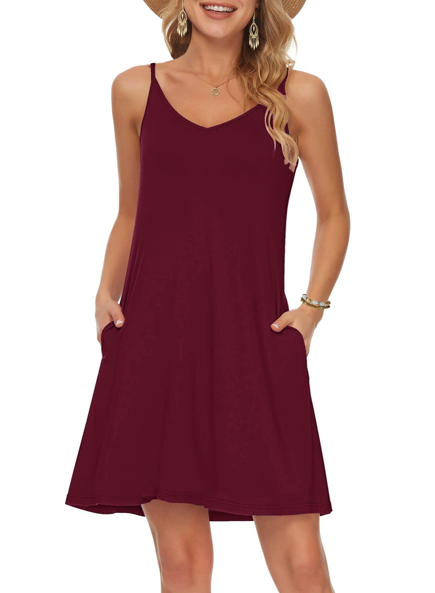 MISFAY Women's Summer Spaghetti Strap Casual Swing Tank Beach Cover Up Dress with Pockets