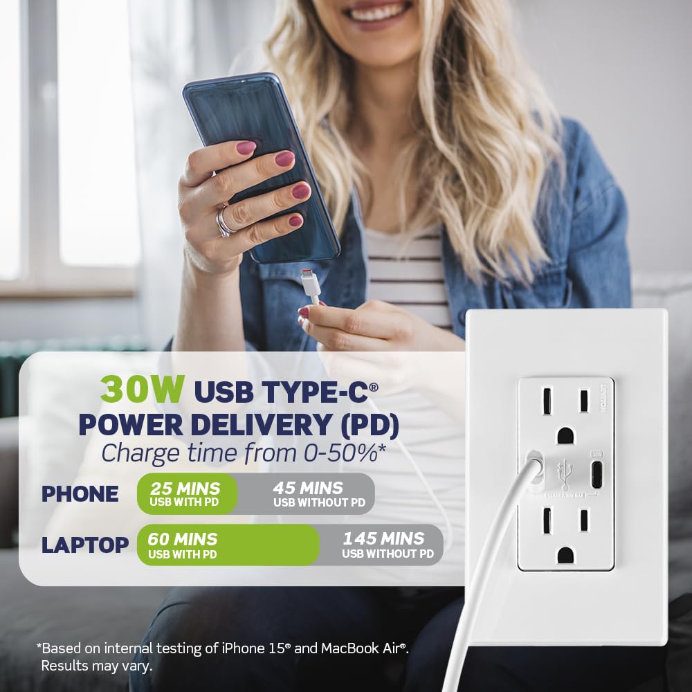 Leviton T5633-W Type A & Type-C USB In-Wall Charger with 15A Tamper-Resistant Outlet, USB Charger for Smartphones and Tablets, Not for Laptops, White