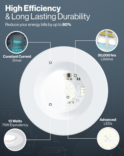 Sunco Recessed Lighting 6 Inch, Retrofit Can Lights, 965LM, 13W (75W Equivalent), Selectable CCT 2700K/3000K/3500K/4000K/5000K, Dimmable, Baffle Trim, Damp Rated UL 4 Pack