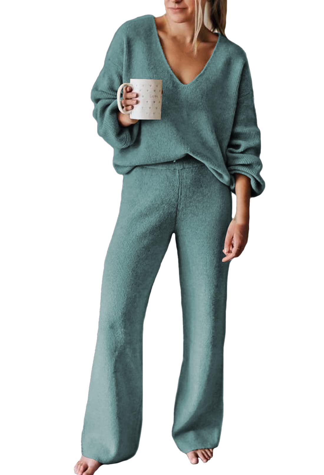 Viottiset Women's 2 Piece Outfits Casual V Neck Knit Wide Leg Sweater Lounge Set Sweatsuit
