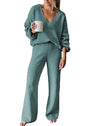 Viottiset Women's 2 Piece Outfits Casual V Neck Knit Wide Leg Sweater Lounge Set Sweatsuit