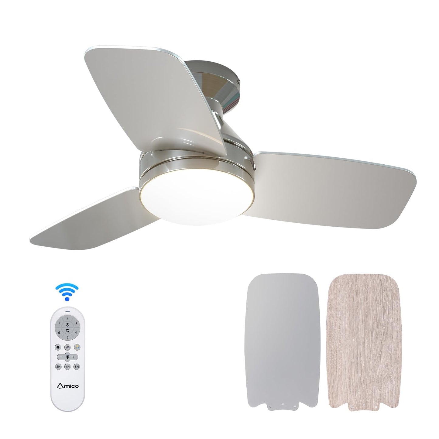 Amico Ceiling Fans with Lights, 42 inch Low Profile Ceiling Fan with Light and Remote Control, Flush Mount, Reversible, 3CCT, Dimmable, Noiseless, White Ceiling Fan for Bedroom, Indoor/Outdoor Use