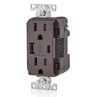 Leviton T5633-W Type A & Type-C USB In-Wall Charger with 15A Tamper-Resistant Outlet, USB Charger for Smartphones and Tablets, Not for Laptops, White
