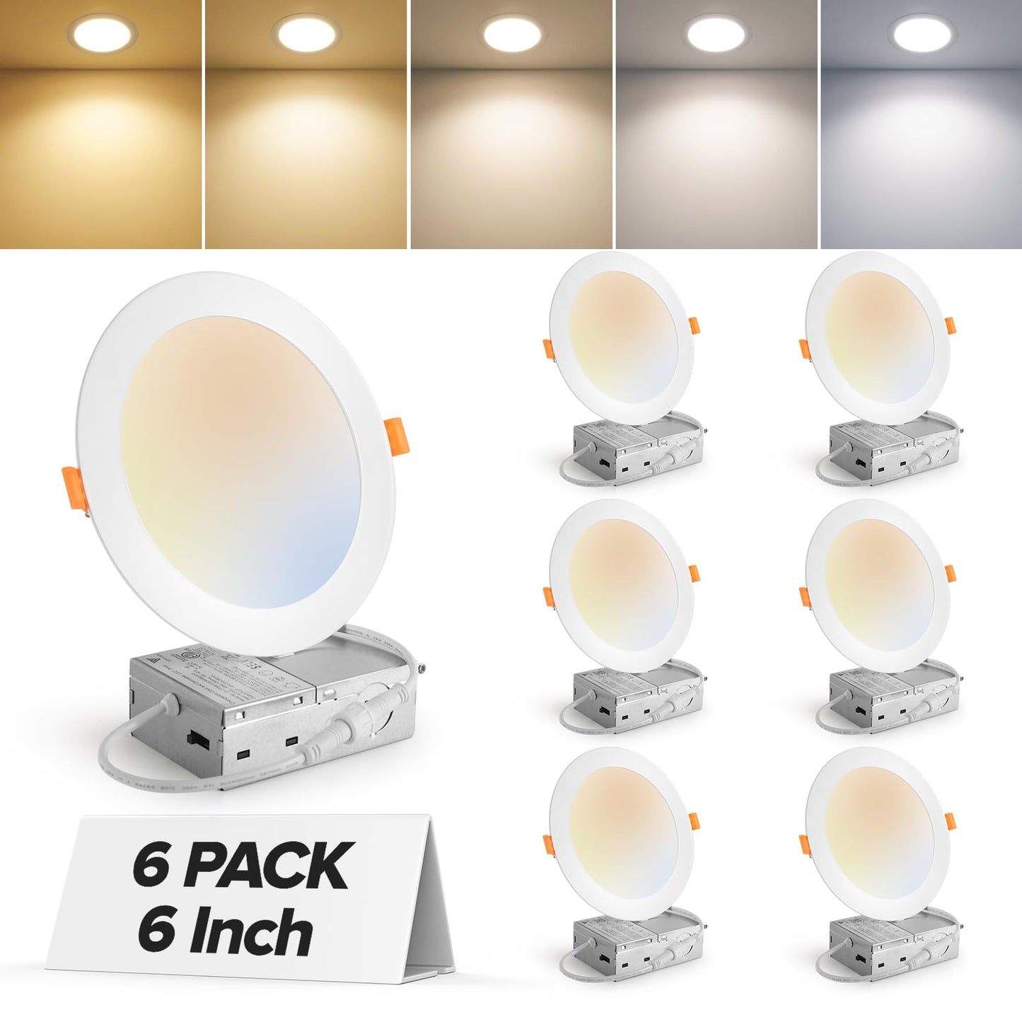 12 Pack 6 Inch 5CCT Ultra-Thin LED Recessed Ceiling Light with Junction Box, 2700K-5000K Selectable, 1050LM High Brightness, Dimmable Canless Wafer Downlight, 12W 120V, ETL