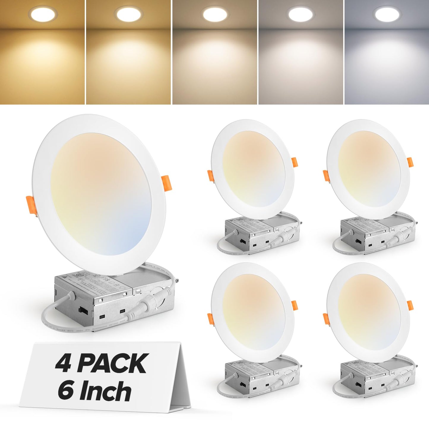 12 Pack 6 Inch 5CCT Ultra-Thin LED Recessed Ceiling Light with Junction Box, 2700K-5000K Selectable, 1050LM High Brightness, Dimmable Canless Wafer Downlight, 12W 120V, ETL