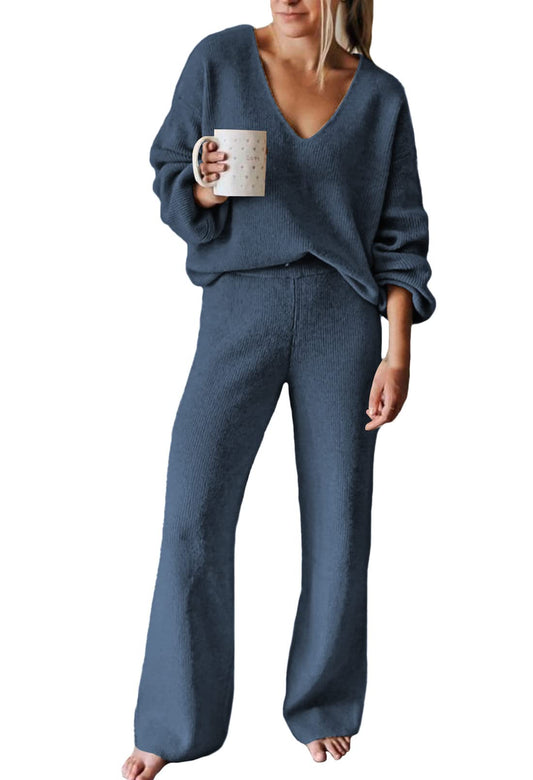 Viottiset Women's 2 Piece Outfits Casual V Neck Knit Wide Leg Sweater Lounge Set Sweatsuit