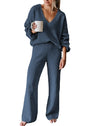 Viottiset Women's 2 Piece Outfits Casual V Neck Knit Wide Leg Sweater Lounge Set Sweatsuit