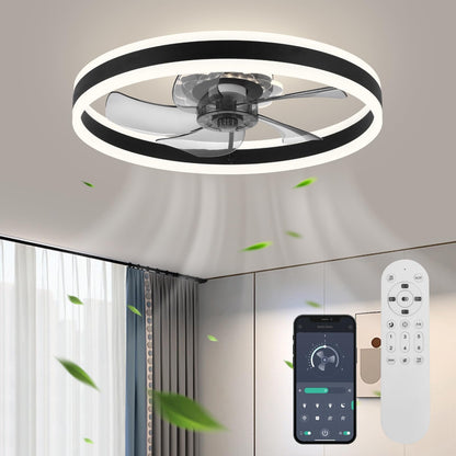 20‘’ Ceiling Fan with Light, Upgraded Low Profile Fan, Flush Mount Ceiling Fan, 6 Speeds, Dimmable LED, App & Remote Control, Quiet DC Motor, for Bedroom, Living Room, F115 White