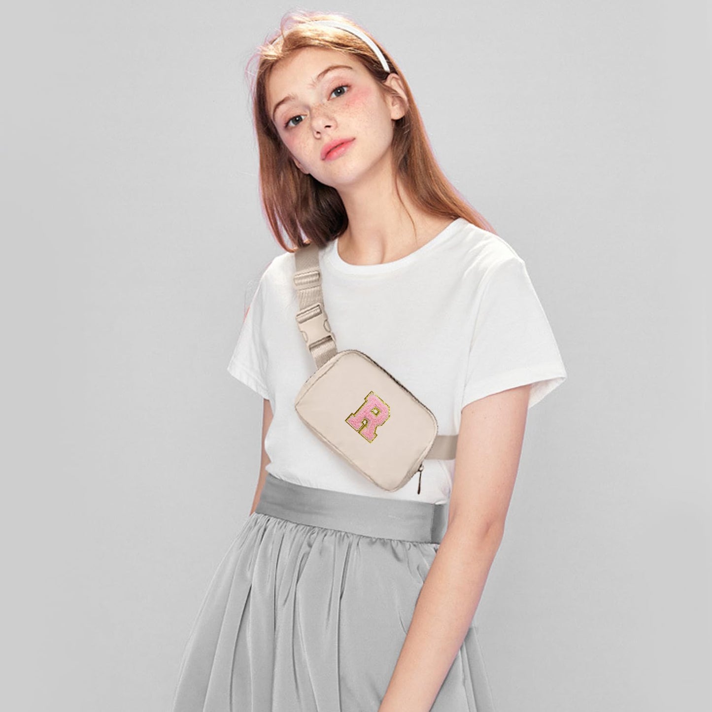 Gitus Belt Bag Fanny Pack Crossbody Bags with Initial Letter Patch Cute Stuff Birthday Gifts for Teenager Girls Cool Stuff for Teens Trendy Preppy Stuff for Teen Girls (Beige-A)