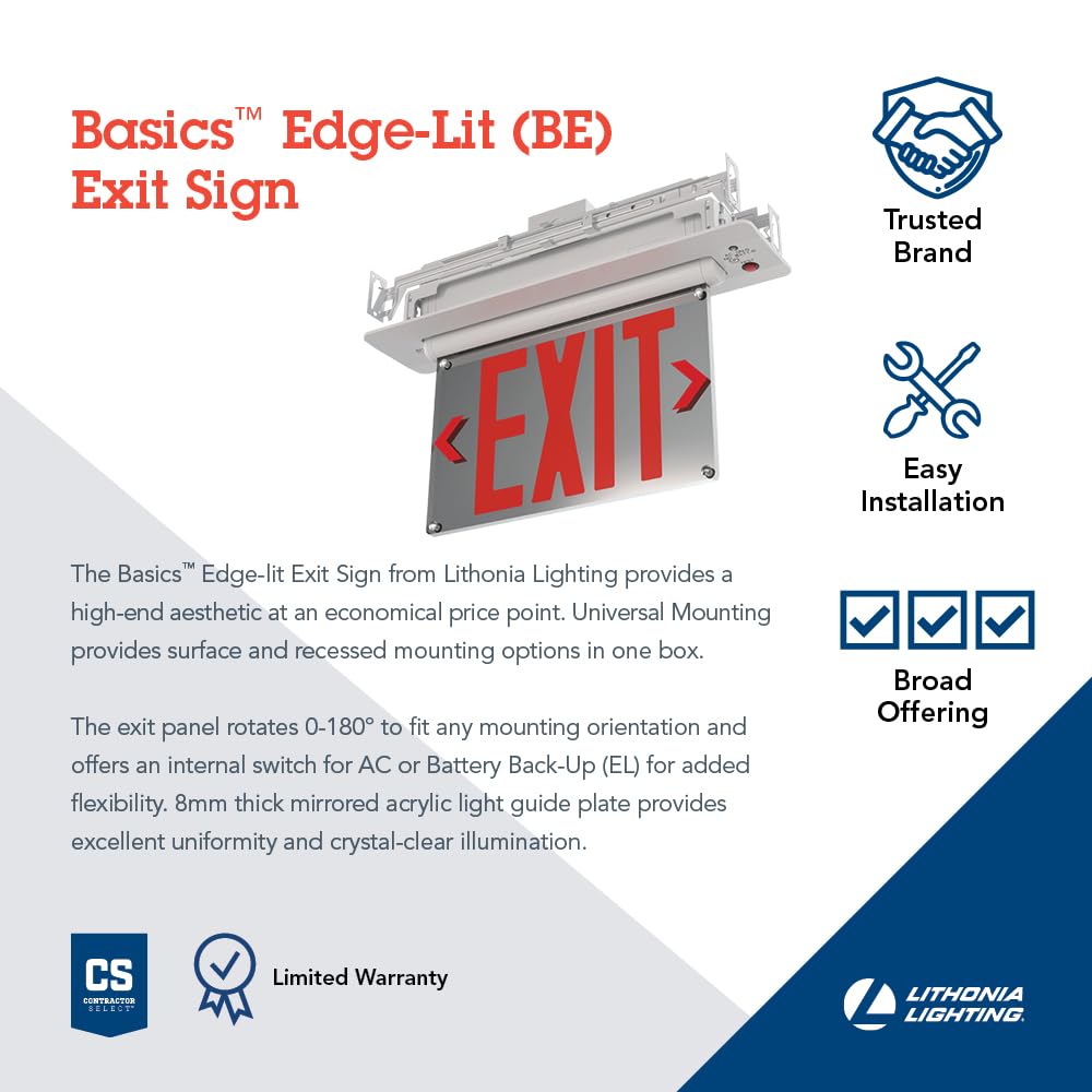 Lithonia Lighting BE W R SM M6 BE Basics Edge-Lit Exit Sign, White with Red Letters, Surface Mount