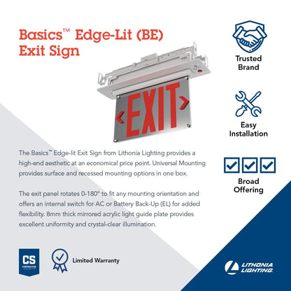 Lithonia Lighting BE W R SM M6 BE Basics Edge-Lit Exit Sign, White with Red Letters, Surface Mount