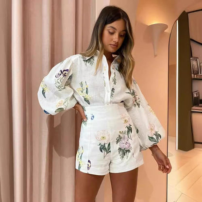 Molilove Womens 2 Piece Outfit Hawaiian Long Sleeve Button Down Shirt and Shorts Tracksuit Lounge Set