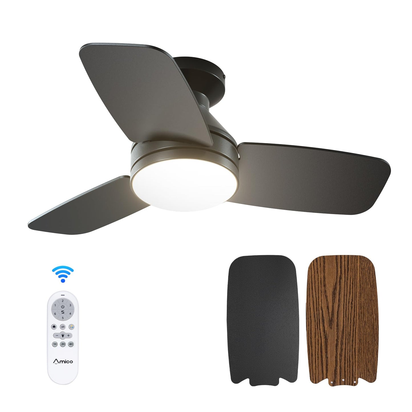 Amico Ceiling Fans with Lights, 42 inch Low Profile Ceiling Fan with Light and Remote Control, Flush Mount, Reversible, 3CCT, Dimmable, Noiseless, White Ceiling Fan for Bedroom, Indoor/Outdoor Use