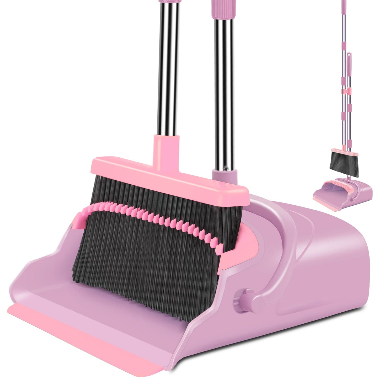 kelamayi Upgrade Broom and Dustpan Set, Self-Cleaning with Dustpan Teeth, Indoor&Outdoor Sweeping, Ideal for Dog Cat Pets Home Use, Stand Up Broom and Dustpan (Gray&Orange)