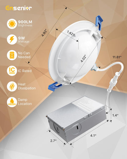 Ensenior 4 Pack 4 inch Gimbal Led Recessed Light with Junction Box, 90° Adjustable Directional Eyeball Lighting, Dimmable, 2700K/3000K/3500K/4000K/5000K, 900LM, 9W=100W-FCC Certified
