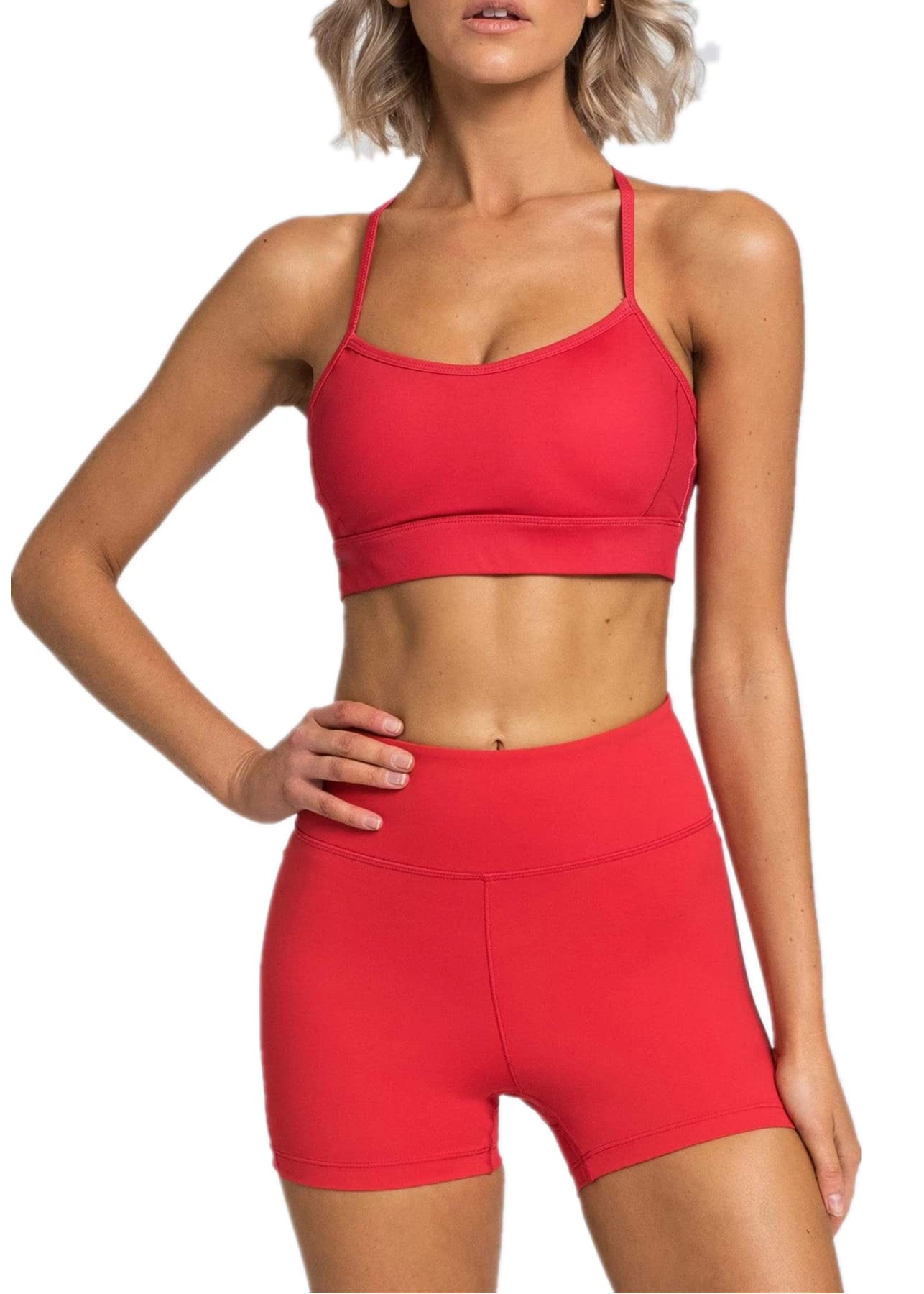 IWEMEK Women's Workout Sets 2 Piece Yoga Outfits High Waisted Biker Shorts and Cross Back Sports Bra Gym Set