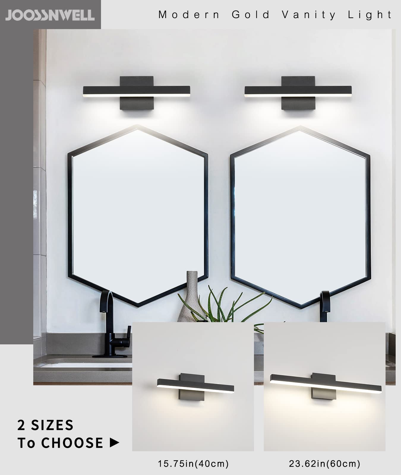 Joossnwell Black Bathroom Vanity Light Fixtures Dimmable 5CCT LED Bathroom Lighting Bar 15.75 Inch Modern Bath Lights Fixture Over Mirror 12W