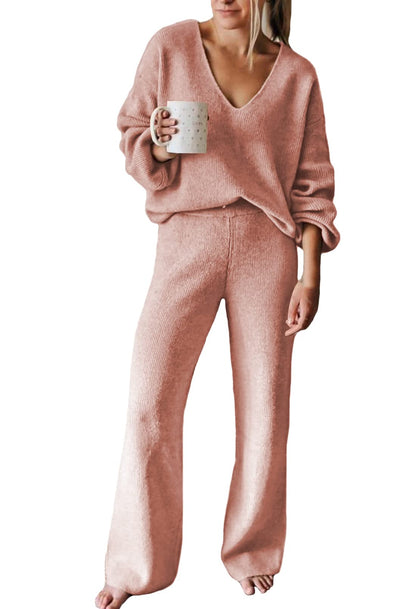 Viottiset Women's 2 Piece Outfits Casual V Neck Knit Wide Leg Sweater Lounge Set Sweatsuit
