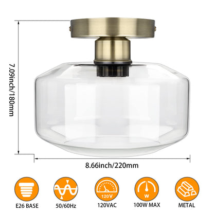 MAXvolador Industrial Semi Flush Mount Ceiling Light, Clear Glass Pendant Lamp Shade, Farmhouse Lighting for Hallway, Vintage Hanging Light Fixtures