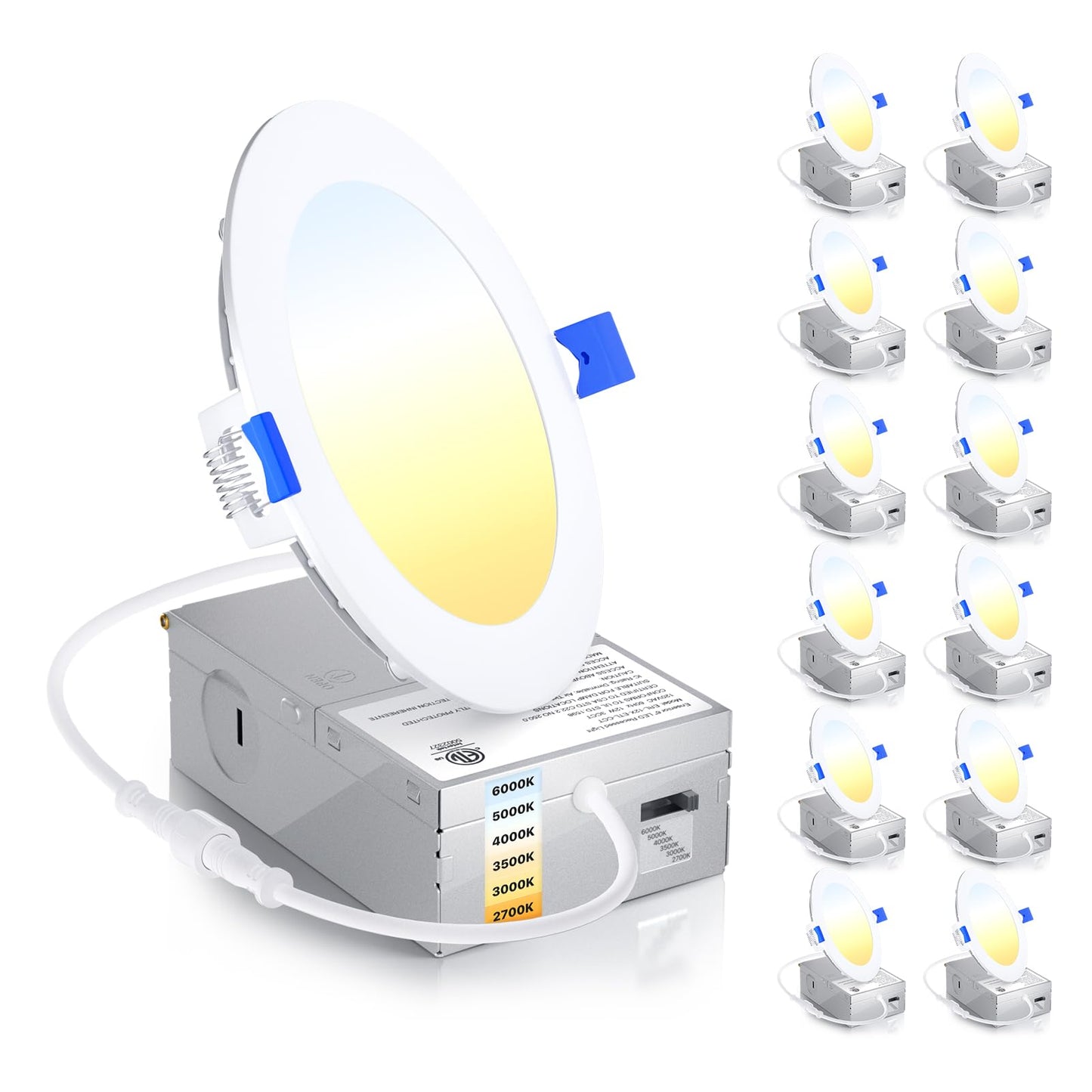 Ensenior 12 Pack 4 Inch LED Recessed Ceiling Light, Dimmable, 2700K-5000K 5CCT, 750LM 9W 120V, High Brightness Canless Wafer Downlight - ETL&FCC&IC