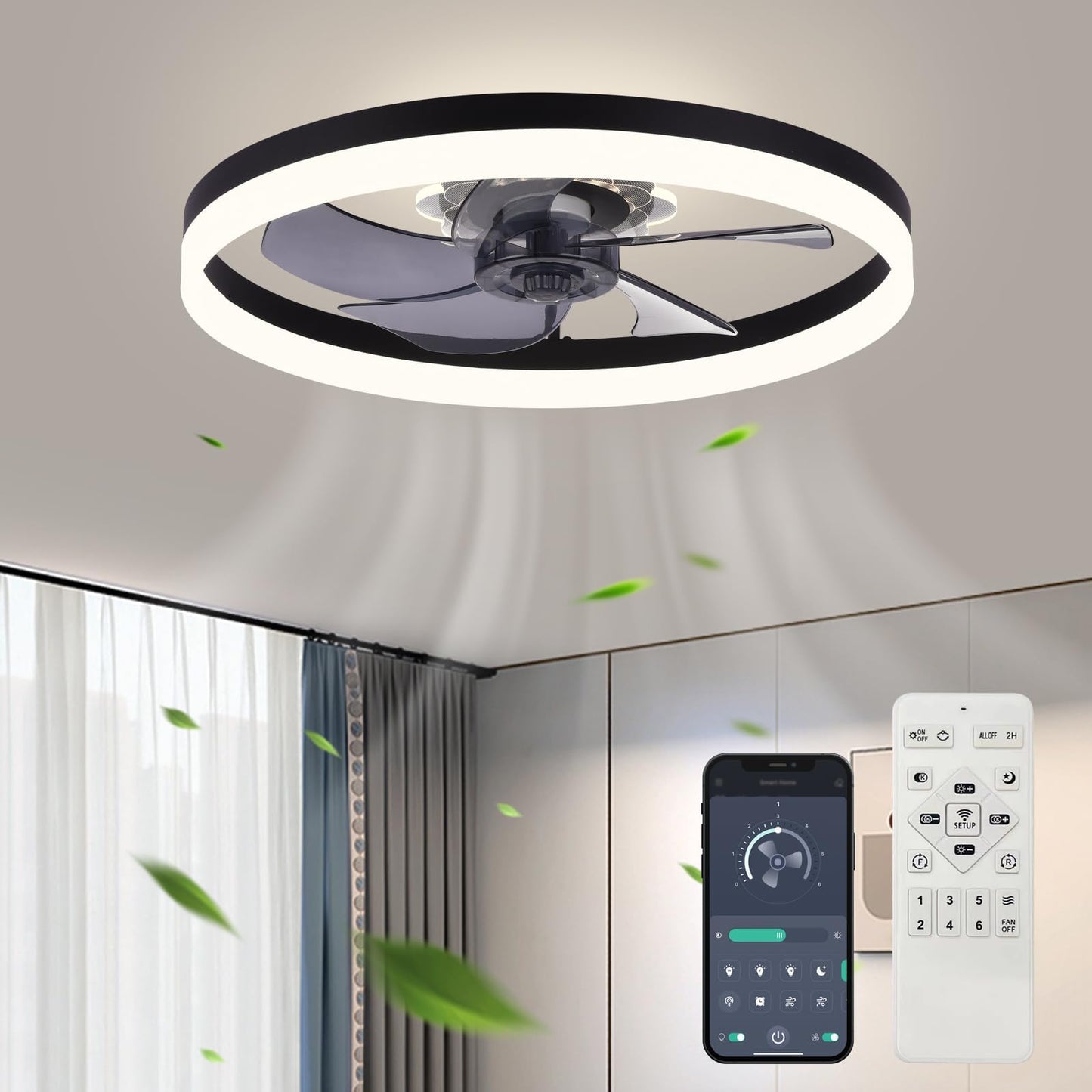 20‘’ Ceiling Fan with Light, Upgraded Low Profile Fan, Flush Mount Ceiling Fan, 6 Speeds, Dimmable LED, App & Remote Control, Quiet DC Motor, for Bedroom, Living Room, F115 White