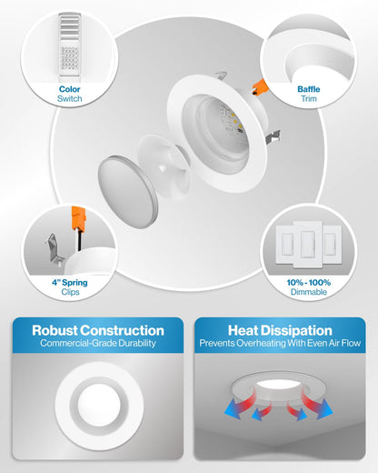 Sunco Recessed Lighting 6 Inch, Retrofit Can Lights, 965LM, 13W (75W Equivalent), Selectable CCT 2700K/3000K/3500K/4000K/5000K, Dimmable, Baffle Trim, Damp Rated UL 4 Pack