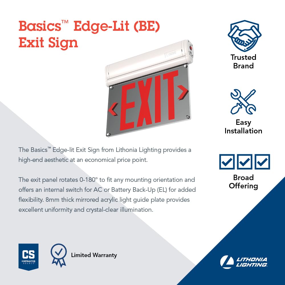 Lithonia Lighting BE W R SM M6 BE Basics Edge-Lit Exit Sign, White with Red Letters, Surface Mount
