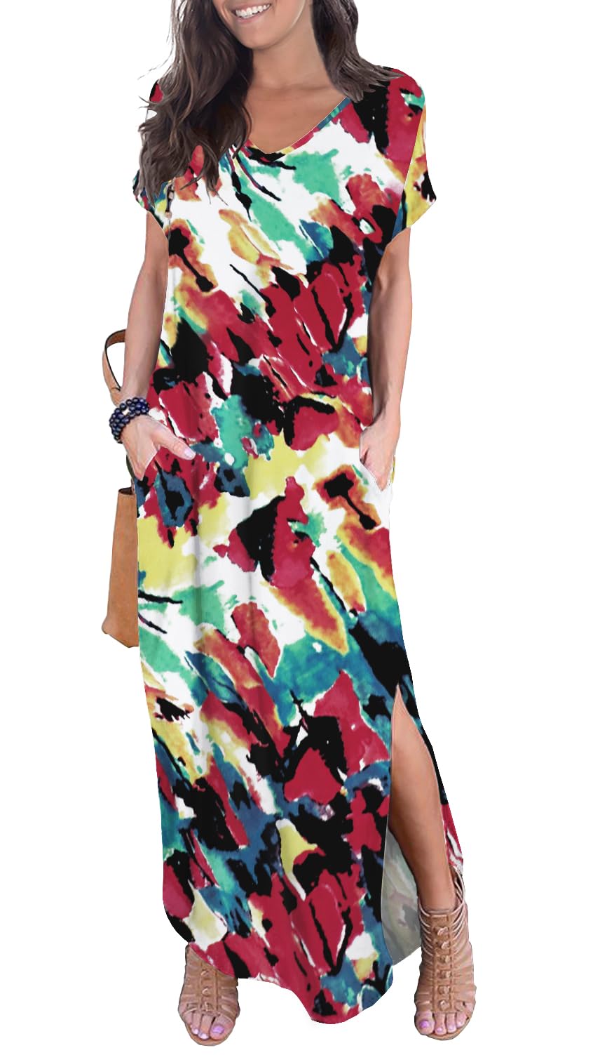 GRECERELLE Women's Casual Loose Pocket Long Dress Short Sleeve Split Maxi Dresses