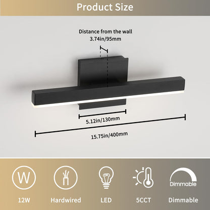Joossnwell Black Bathroom Vanity Light Fixtures Dimmable 5CCT LED Bathroom Lighting Bar 15.75 Inch Modern Bath Lights Fixture Over Mirror 12W