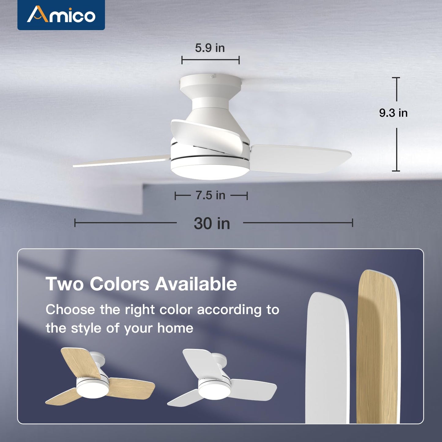 Amico Ceiling Fans with Lights, 42 inch Low Profile Ceiling Fan with Light and Remote Control, Flush Mount, Reversible, 3CCT, Dimmable, Noiseless, White Ceiling Fan for Bedroom, Indoor/Outdoor Use