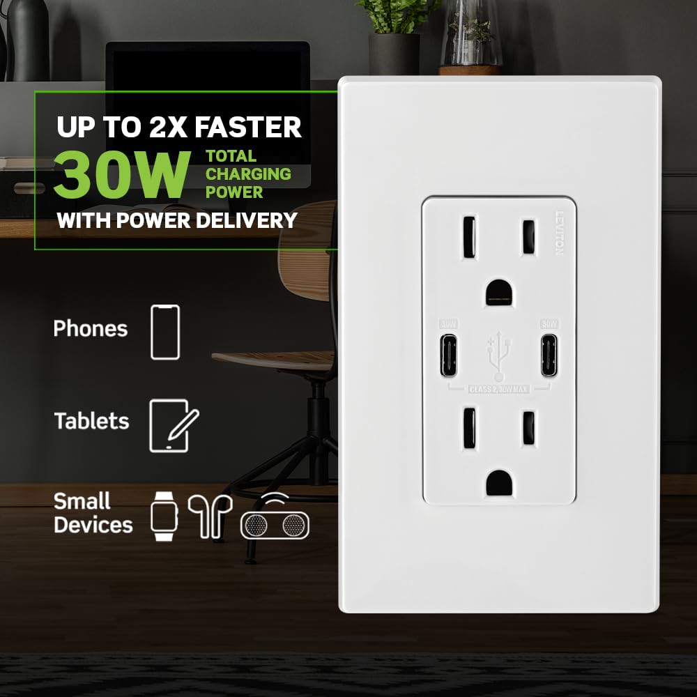Leviton T5633-W Type A & Type-C USB In-Wall Charger with 15A Tamper-Resistant Outlet, USB Charger for Smartphones and Tablets, Not for Laptops, White
