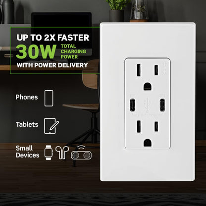Leviton T5633-W Type A & Type-C USB In-Wall Charger with 15A Tamper-Resistant Outlet, USB Charger for Smartphones and Tablets, Not for Laptops, White